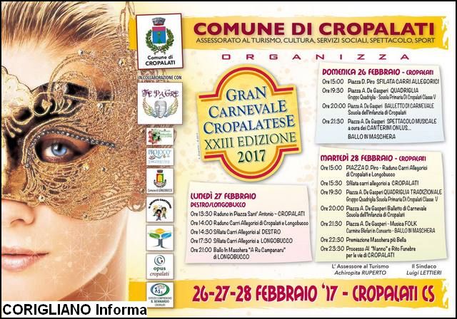 Carnevale 2017: da Cropalati a Longobucco, sar festa per tutta la valle del Trionto