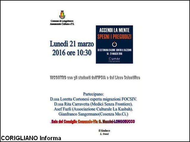 LONGOBUCCO ADERISCE ALLA XII SETTIMANA CONTRO RAZZISMO