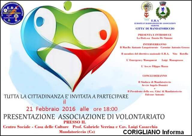 MANDAROTICCIO - VOLONTARIATO, PRESENTATA NUOVA ASSOCIAZIONE ERA