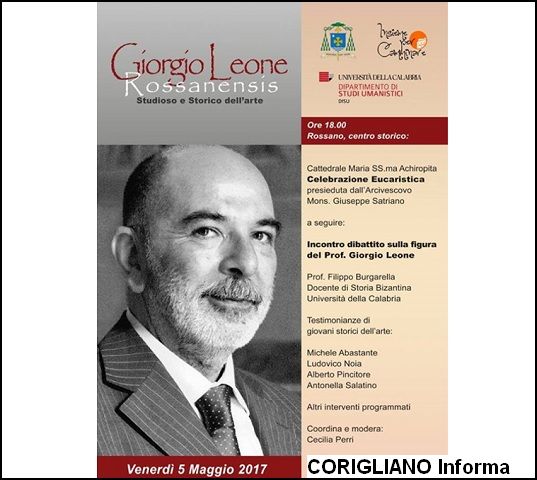 Stasera a Rossano convegno per ricordare la figura del prof. Giorgio Leone il Rossanensis: Studioso e Storico dellArte