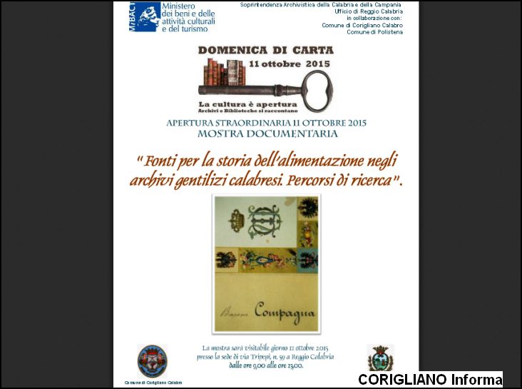 CULTURA, ARCHIVI CORIGLIANO IN MOSTRA A REGGIO
