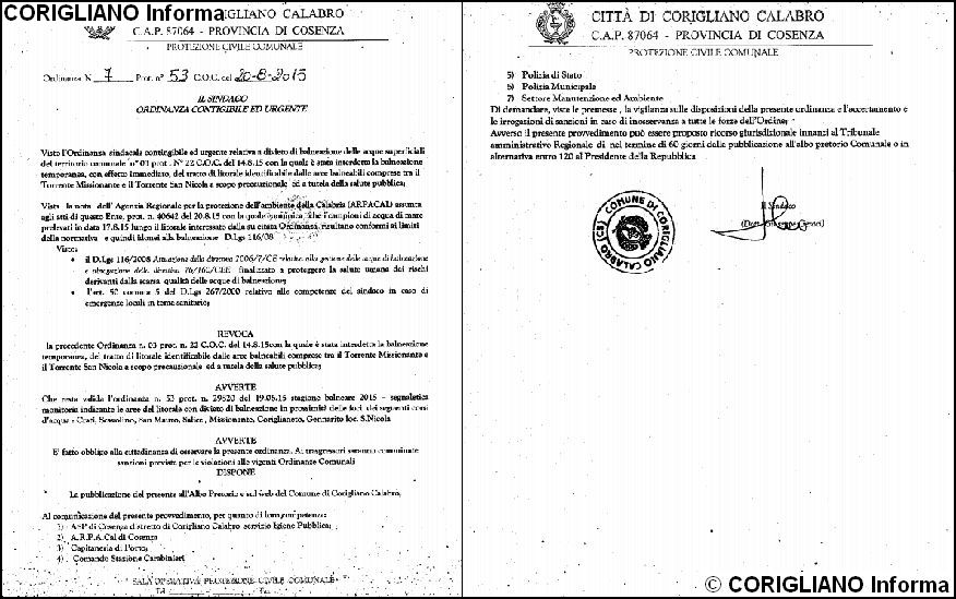 ORDINANZA DI REVOCA DIVIETO DI BALNEAZIONE