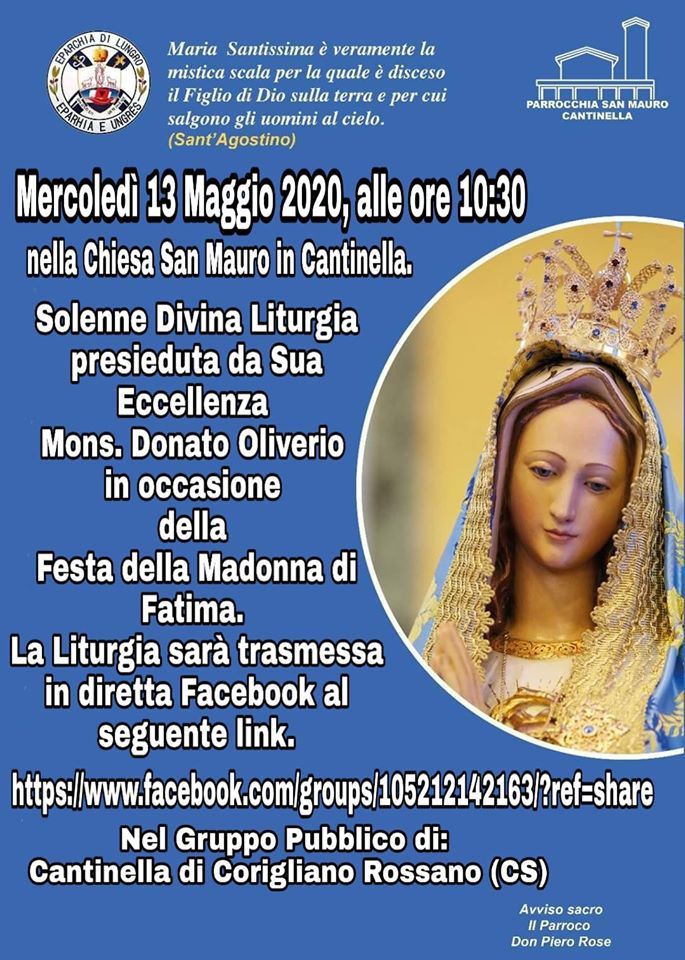 A Cantinella questa mattina alle 10.30 solenne Liturgia in onore della Madonna di Fatima