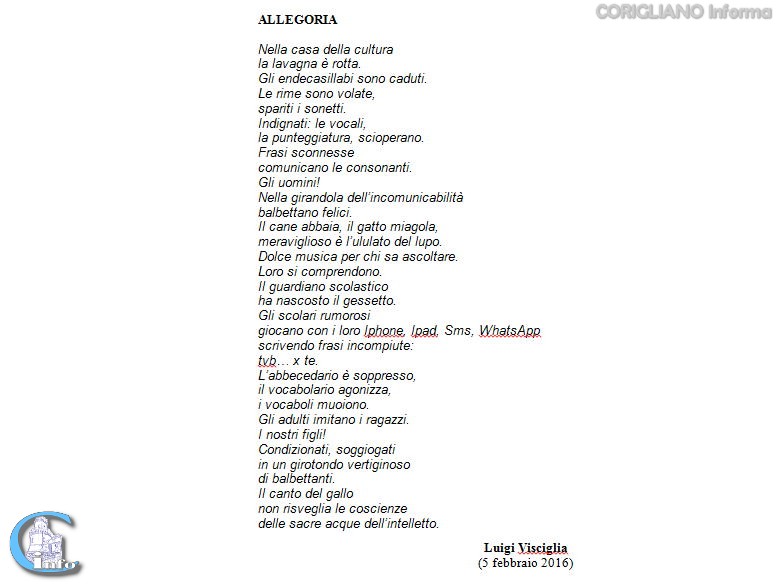 ALLEGORIA, POESIA DEL CORIGLIANESE LUIGI VISCIGLIA