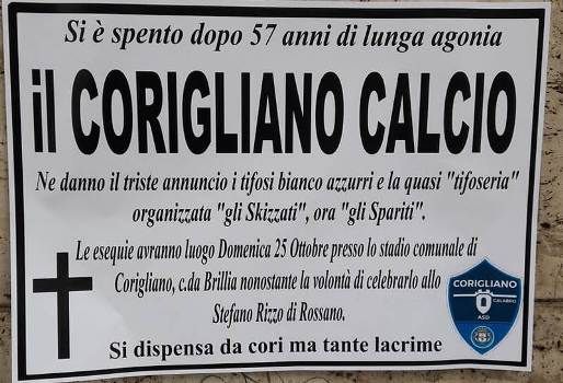 Calcio: Che amarezza, oggi saranno celebrati i Funerali del Corigliano calcio