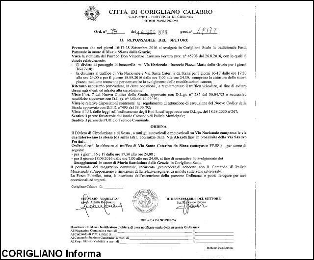Chiusura traffico veicolare su via Nazionale a Corigliano Scalo