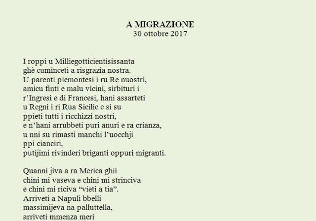 Componimento in vernacolo coriglianese A migrazione di Luigi Visciglia
