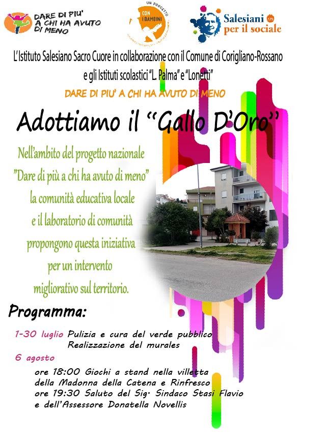 Corigliano-Rossano: Rafforzare il senso di comunit  lobiettivo del progetto dei Salesiani Adottiamo il Gallo doro. 