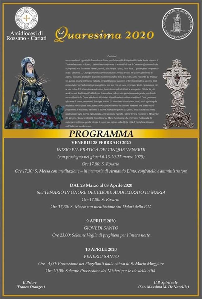 Corigliano-Rossano: Varato il programma per la Quaresima dalla Confraternita Maria SS dei Sette dolori