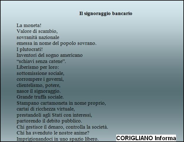 IL SIGNORAGGIO BANCARIO, POESIA DI LUIGI VISCIGLIA