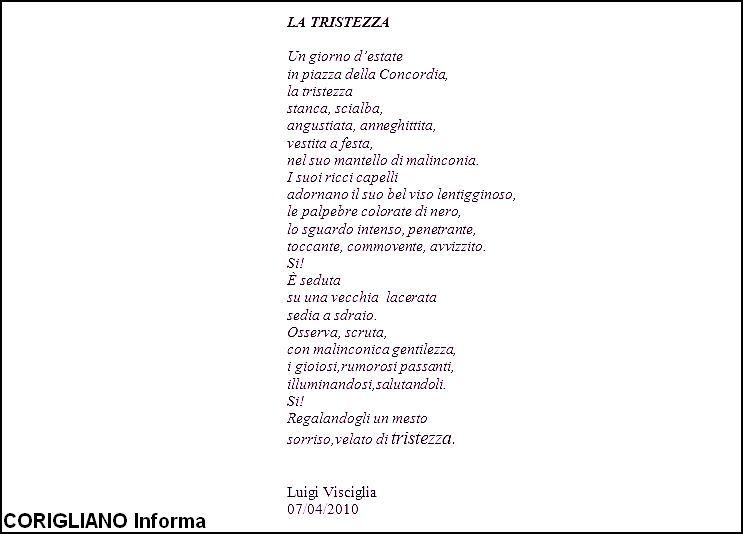 LA TRISTEZZA, NUOVA POESIA DI LUIGI VISCIGLIA