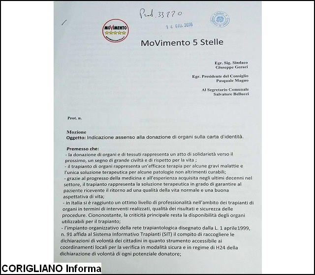 M5S presenta in Comune una mozione sulla donazione dorgani