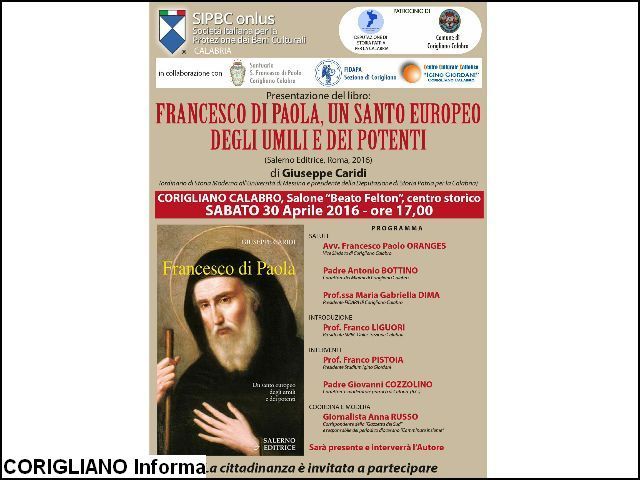 PRESENTAZIONE DEL LIBRO  FRANCESCO DI PAOLA, UN SANTO EUROPEO DEGLI UMILI E DEI POTENTI 