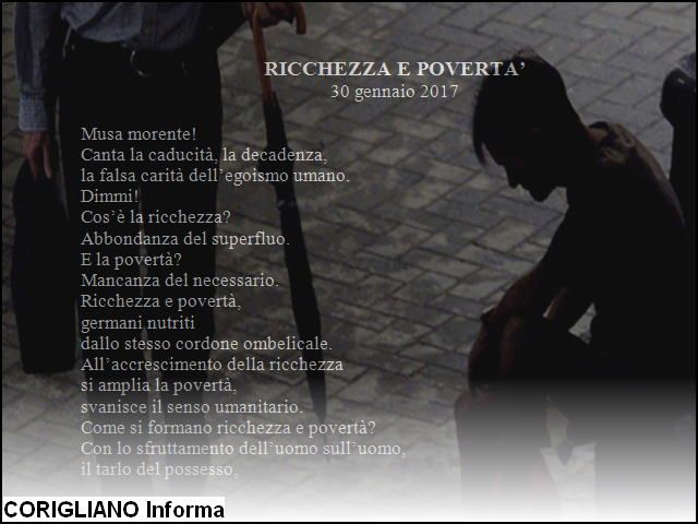 RICCHEZZA E POVERT, nuovo componimento poetico di Luigi Visciglia