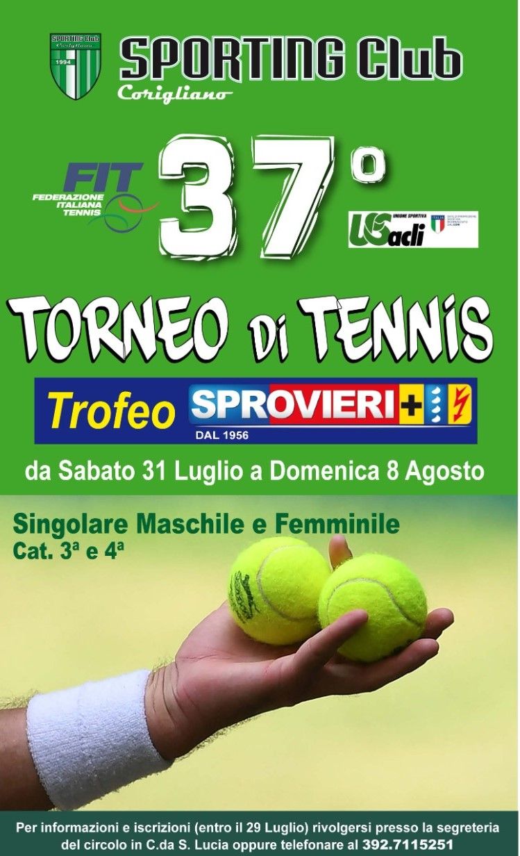 Tennis: Sabato 31 luglio scatta la 37^ Torneo Tennis Sprovieri