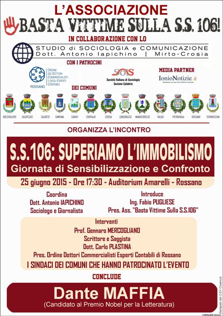 Il 25 giugno la giornata di sensibilizzazione e confronto Ss 106: superiamo limmobilismo 