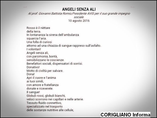 ANGELI SENZA ALI, nuova poesia di Luigi Visciglia che elogia i donatori di sangue 