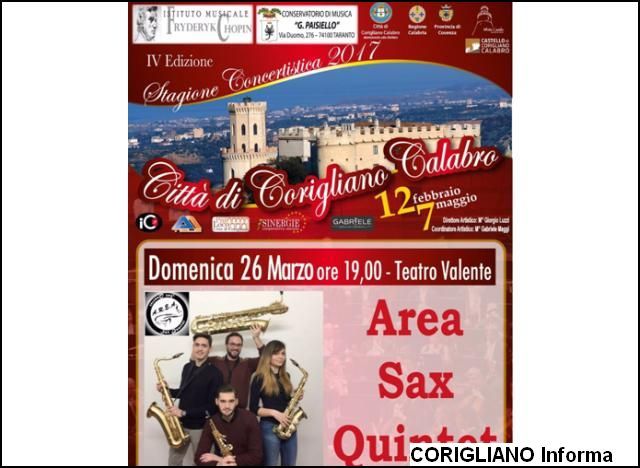 Stagione concertistica città di Corigliano, appuntamento con AREA SAX QUINTET